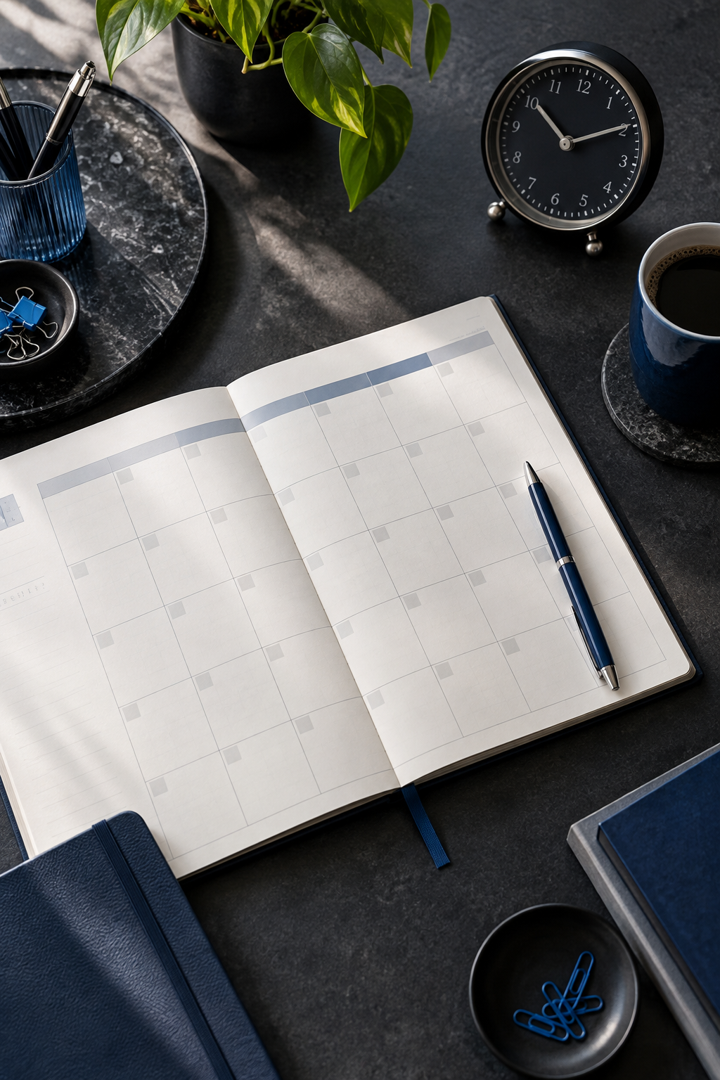 Calendar planner, clock, and stationery arranged on a dark workspace